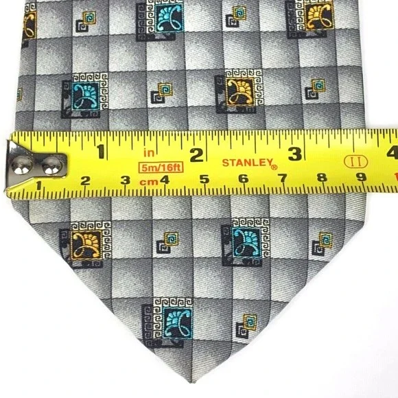 GIANNI VERSACE Vintage 90s Tie Baroque Flower Medusa Grey Squares Plaid Necktie - Picture 11 of 12